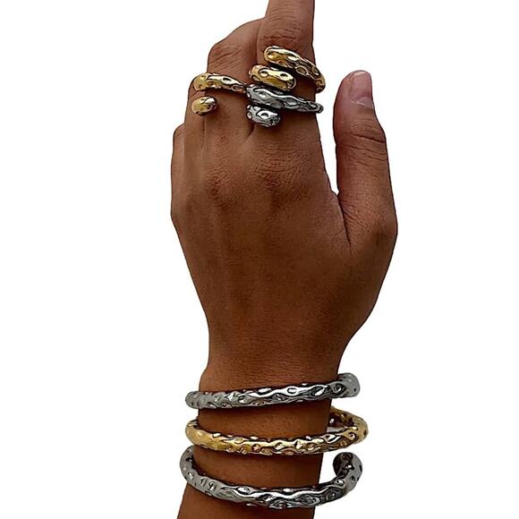 Stainless Steel Contour Bracelet, Irregular Hammered Bangle Cuff, Anniversary - Picture 4 of 8